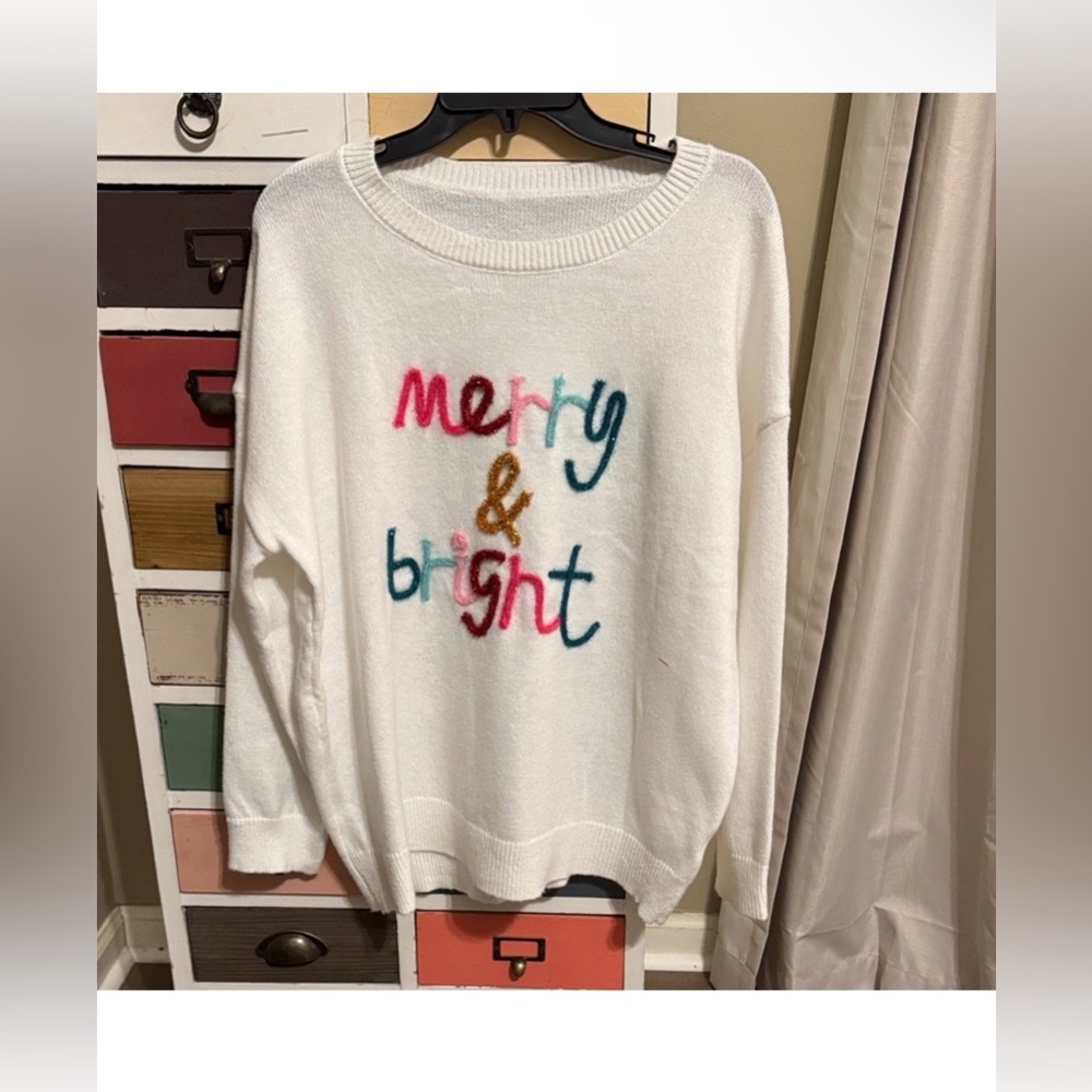 Festive White Sweater with Colorful Design— “Merry & Bright” - Picture 2 of 10